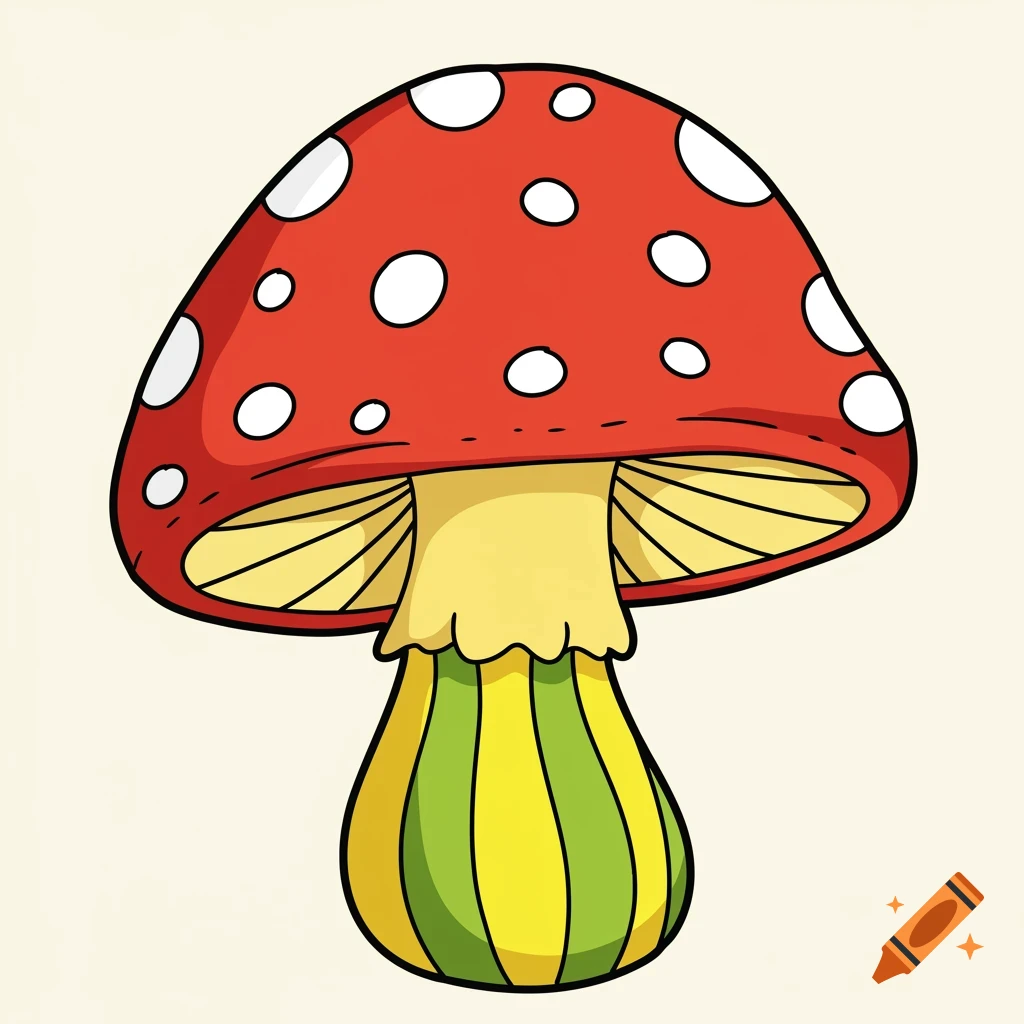 Cartoon red and white spotted mushroom with yellow and green striped stem