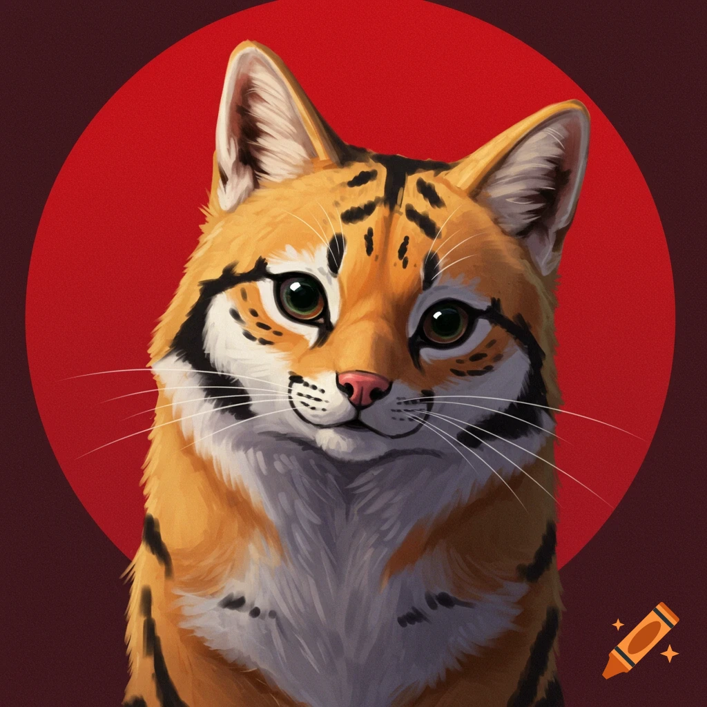 A stylized close-up portrait of a furry character with tiger stripes and big green eyes against a red circle.