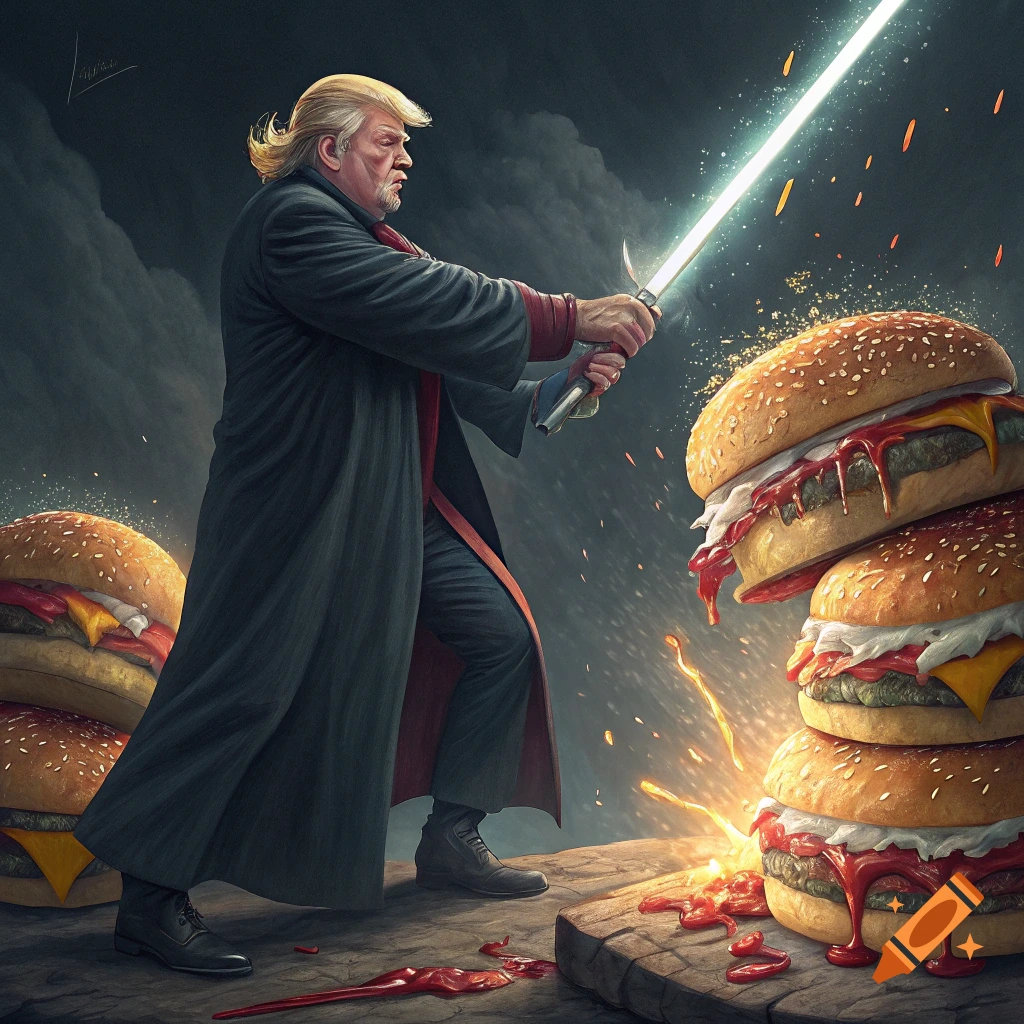 Donald Trump in a robe fights giant cheeseburgers with a lightsaber in a dark, painterly scene.
