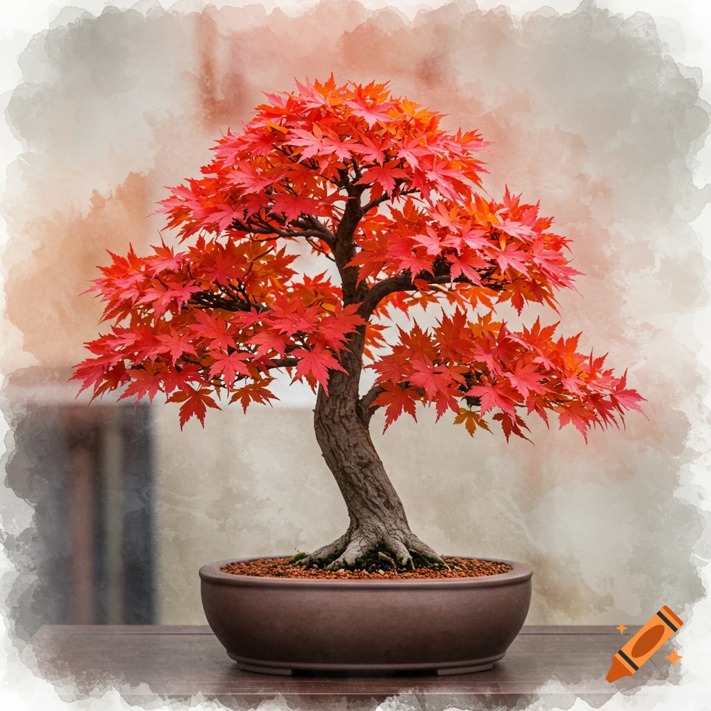 A watercolor image of a bonsai tree with vibrant red leaves in a brown pot on a wooden table.