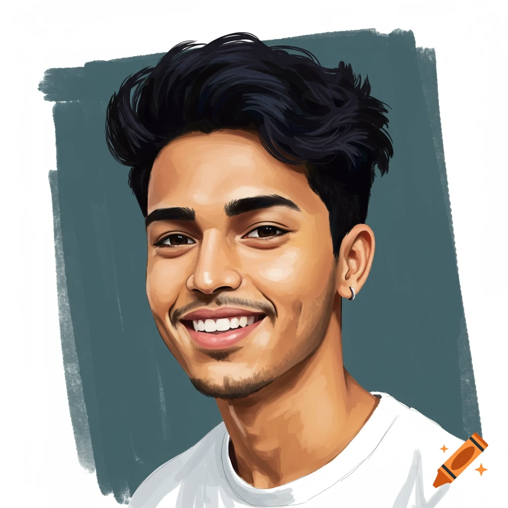 Digital illustration portrait of a young man with dark hair and a goatee smiling.