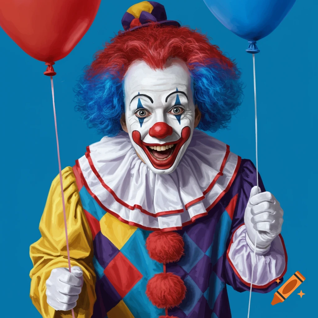 Clown holding red and blue balloon