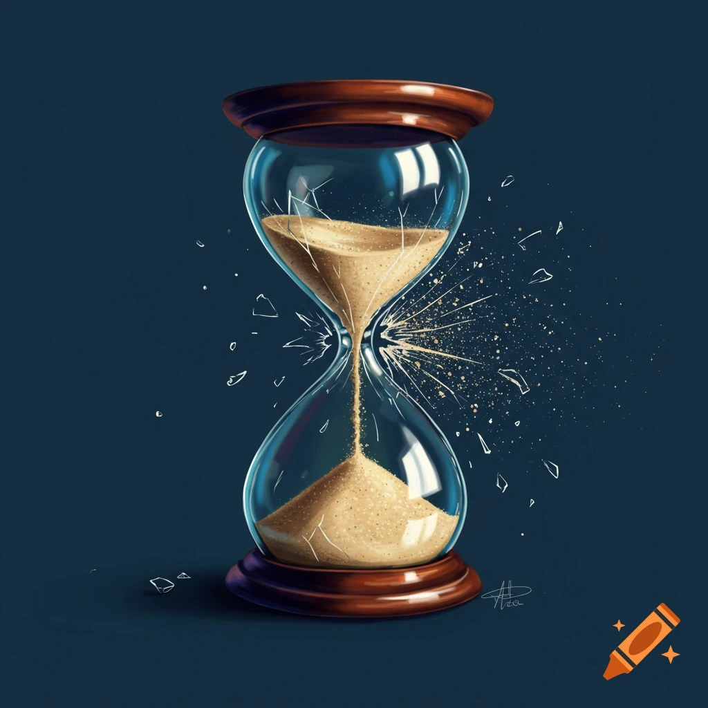 Broken hourglass with sand spilling out against a dark background.