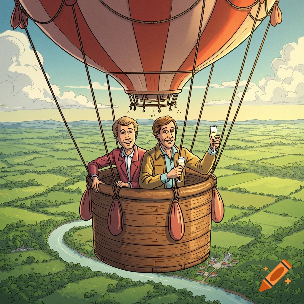 Illustrated view of two men in a hot air balloon flying over a green landscape with a river.