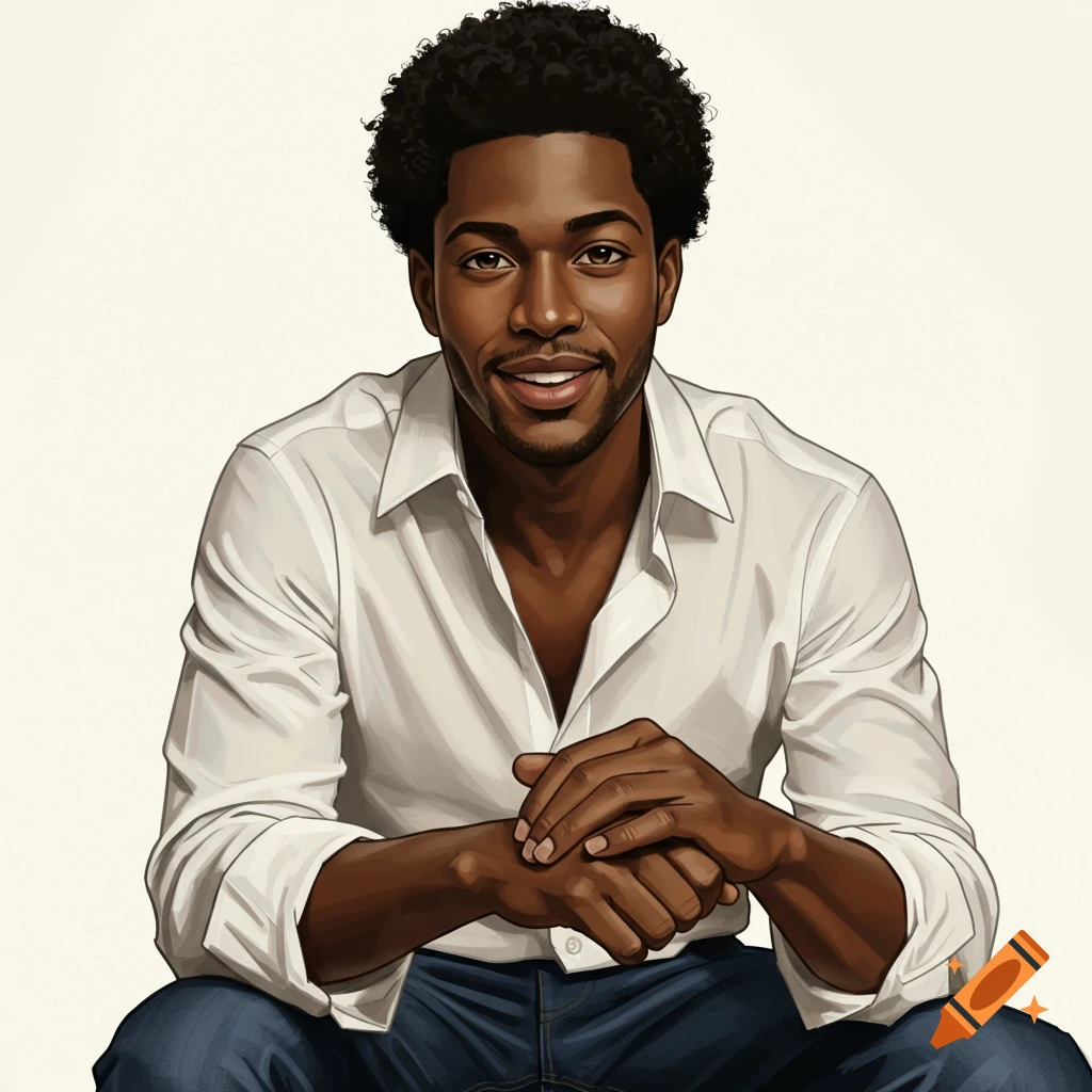 Stylized portrait of a smiling black man wearing a white shirt, hands clasped.