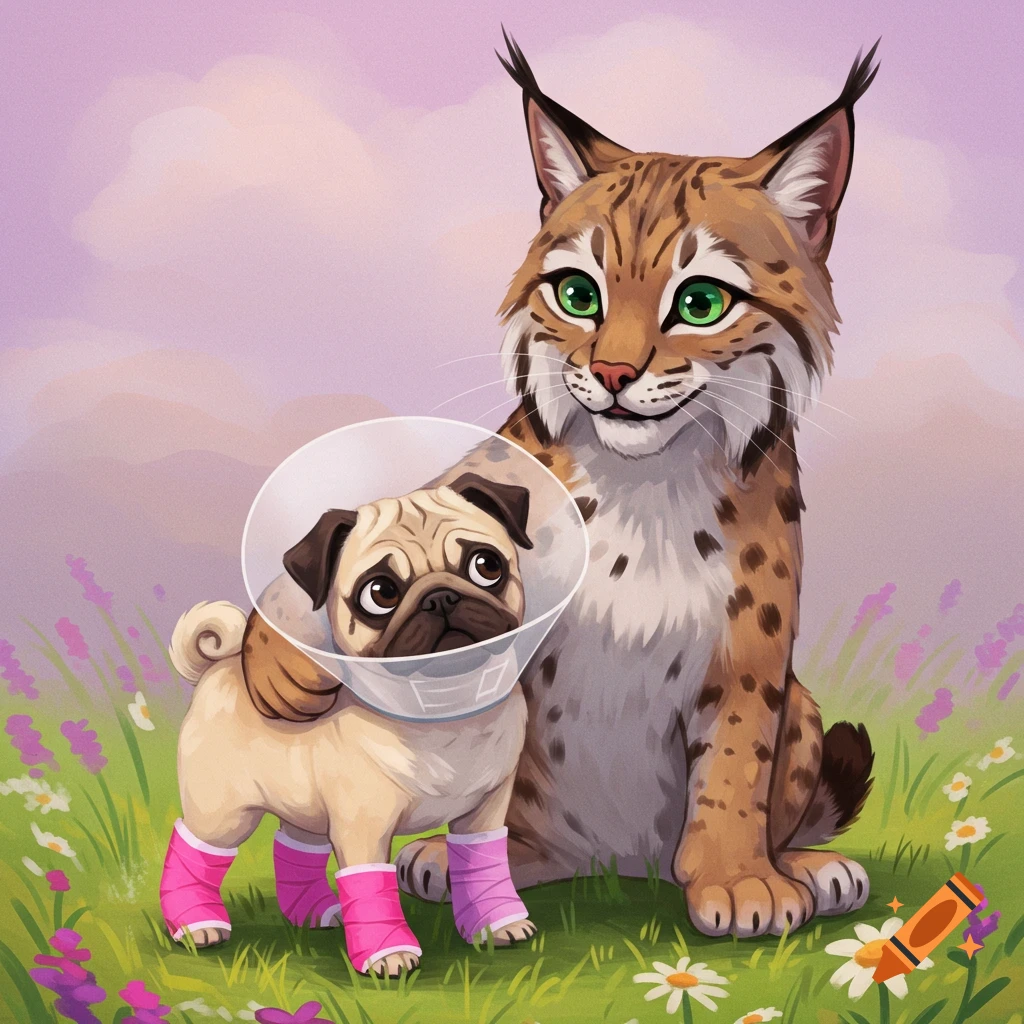 A cartoon bobcat sits next to a pug wearing a cone and pink leg casts in a field.