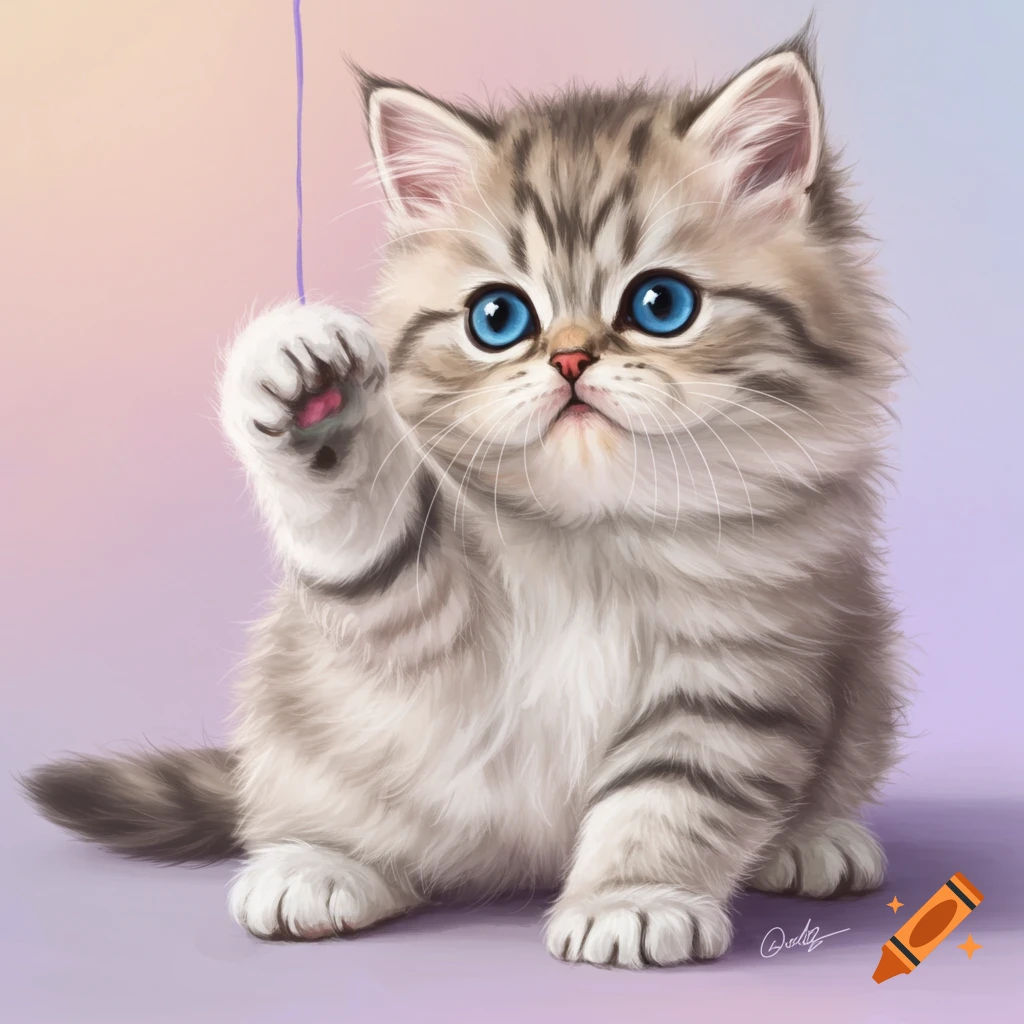 A fluffy kitten with blue eyes reaches for a string