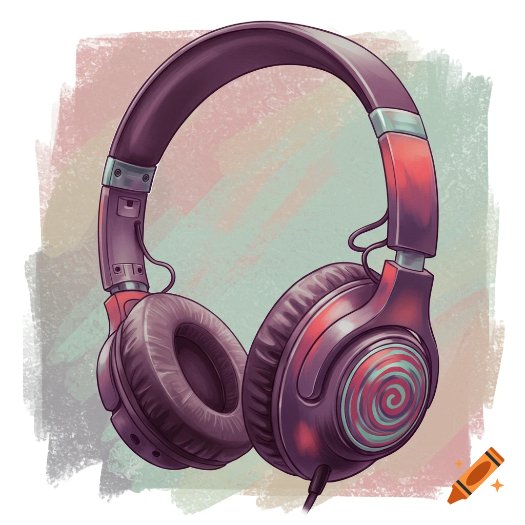 Stylized illustration of headphones with swirl design on earcups against a textured background.