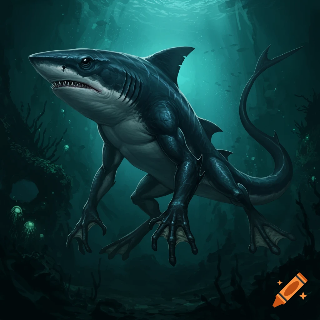 A fantasy shark monster with webbed feet and a long tail swims underwater.