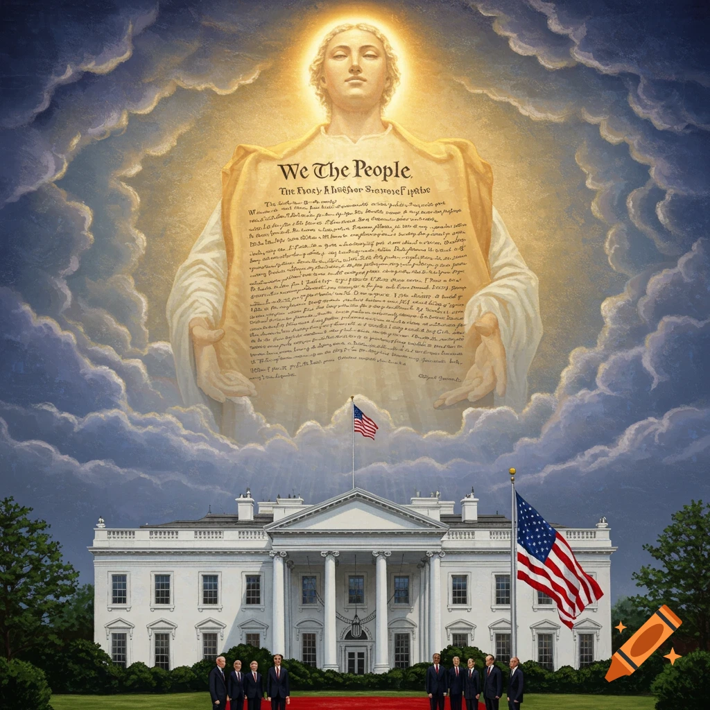 The White House with heavenly light, floating 'We The People' document, government officials, and American flag.