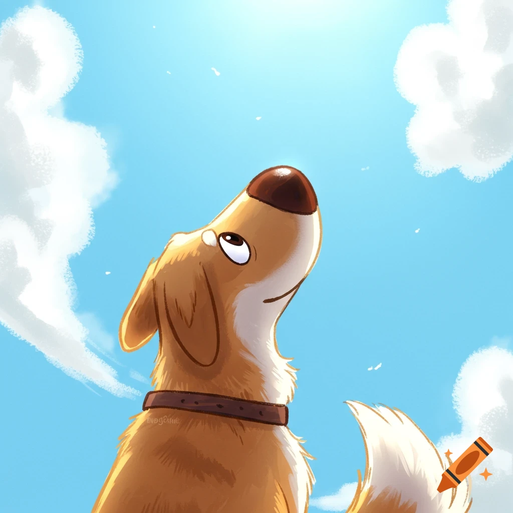 A cartoon dog looks up at a bright blue sky with fluffy white clouds.