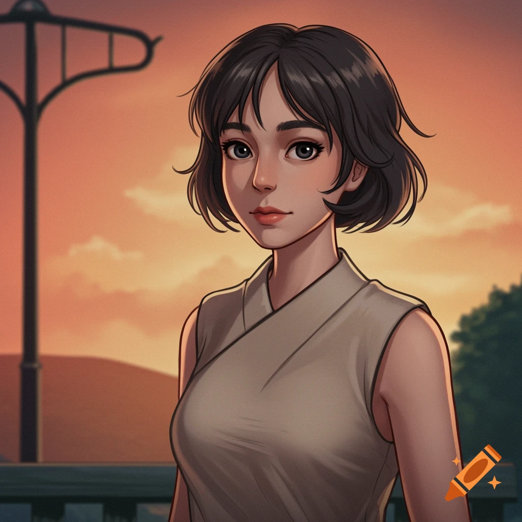 Anime portrait of a woman with short dark hair against a sunset sky, in Studio Ghibli style.