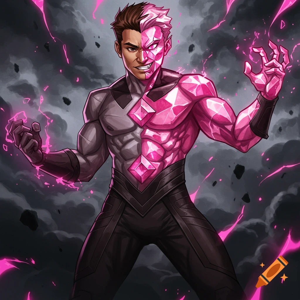 Male superhero/villain with half human, half pink diamond body and face, generating pink energy, comic art style.