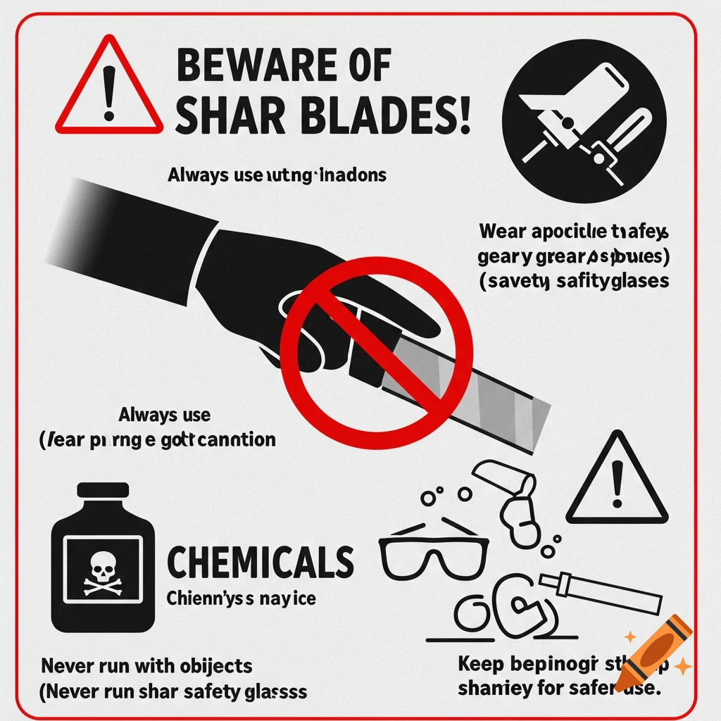 Engineering safety poster about sharp blades and chemicals