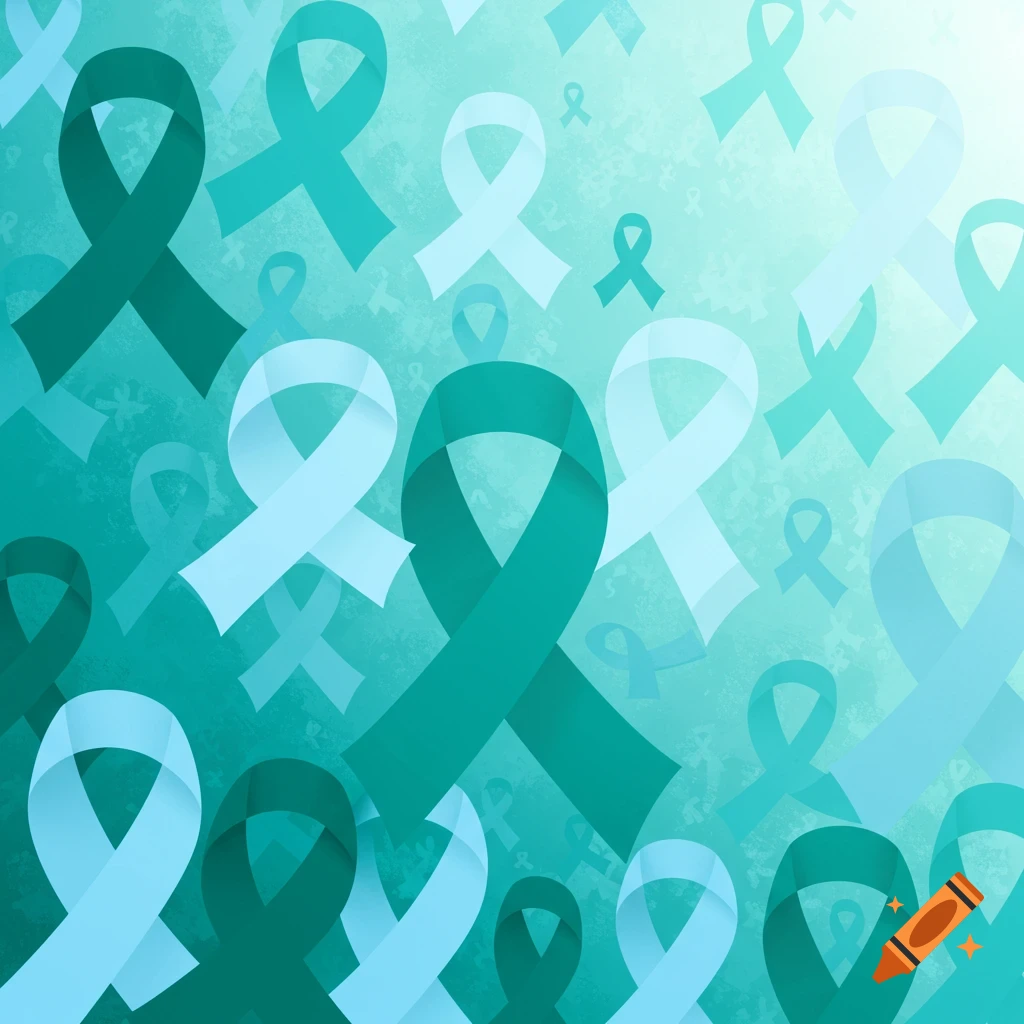 A background filled with teal and light blue ribbons.