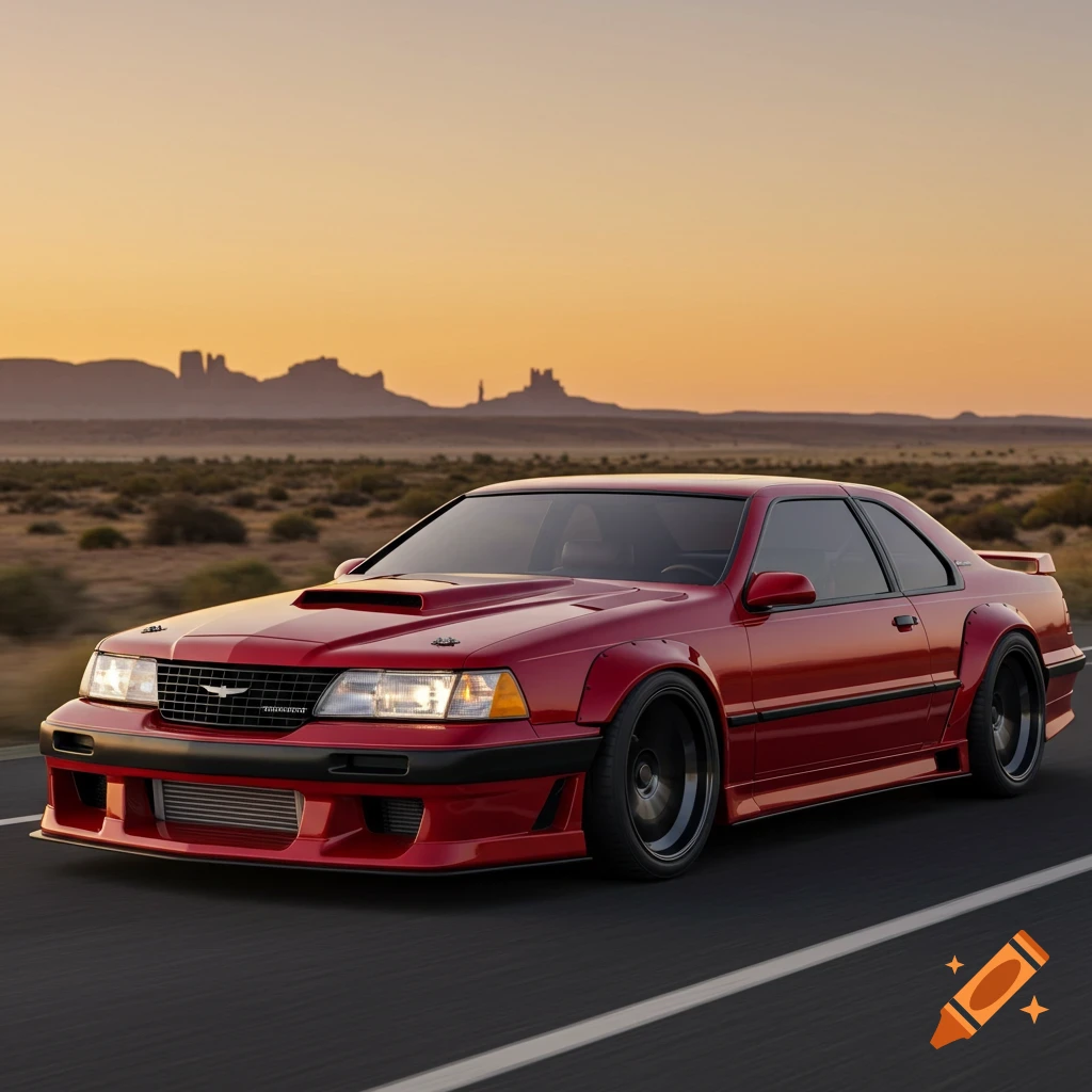 A red wide-body Ford Thunderbird drives on a desert highway at sunset.