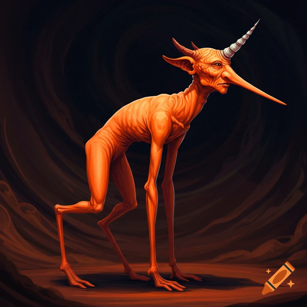 Orange skinny hairless creature with long nose, horns, and unicorn horn in a dark stylized cave.