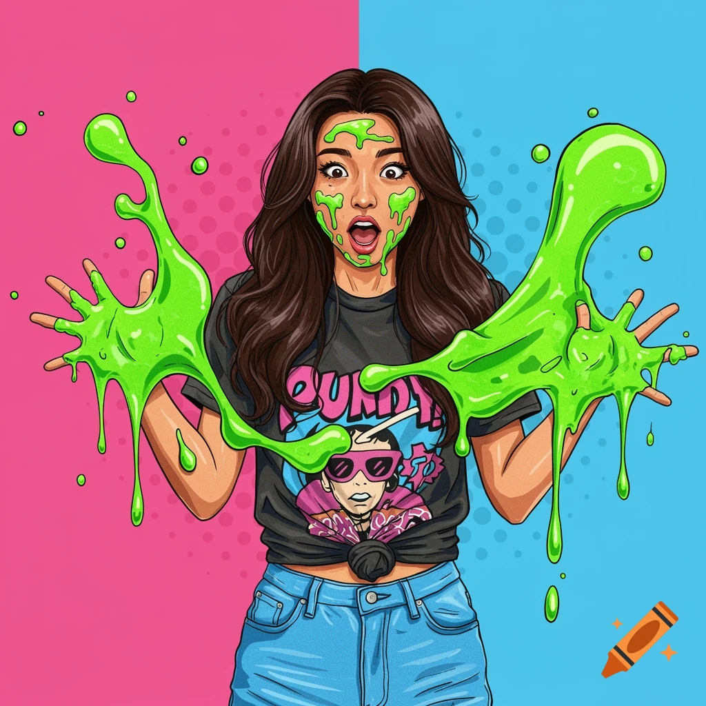 Illustration of a surprised woman covered in green slime against a pink and blue background.