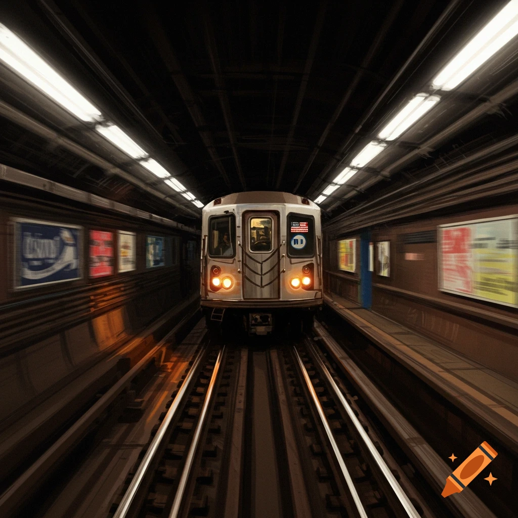A silver MTA subway train speeds down dark tracks through a tunnel, posters blurring on the walls.