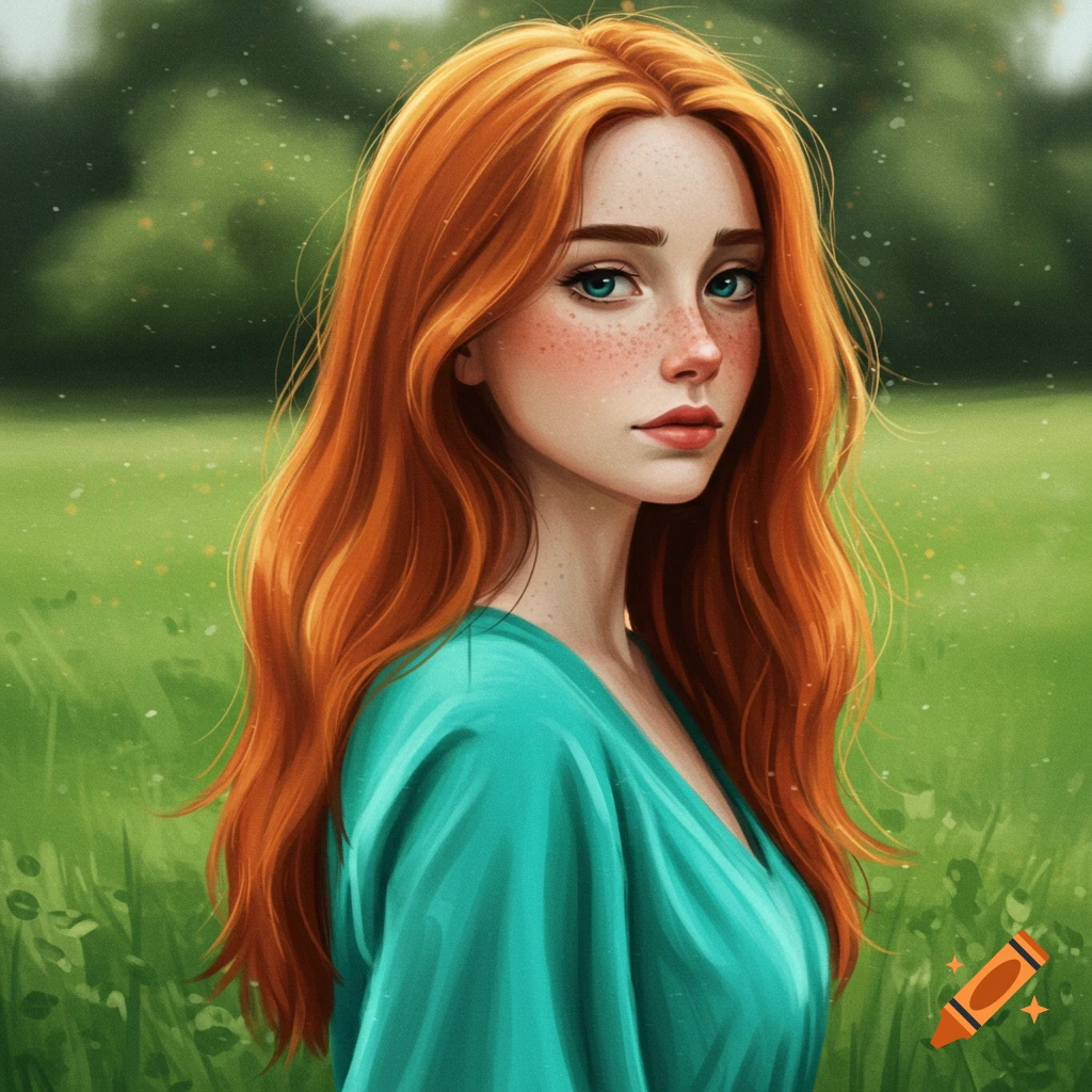 Portrait of a redhead woman with freckles in a green field, digital art style.