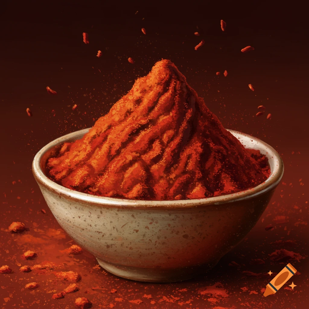 An illustration of a pile of red powder in a ceramic bowl with powder scattered around.
