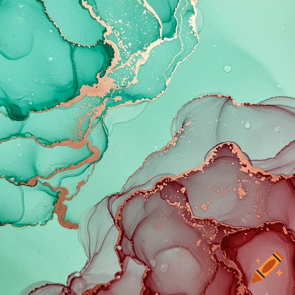 An abstract alcohol ink painting with swirling shapes in mint green, teal, red, and copper with metallic copper veins.