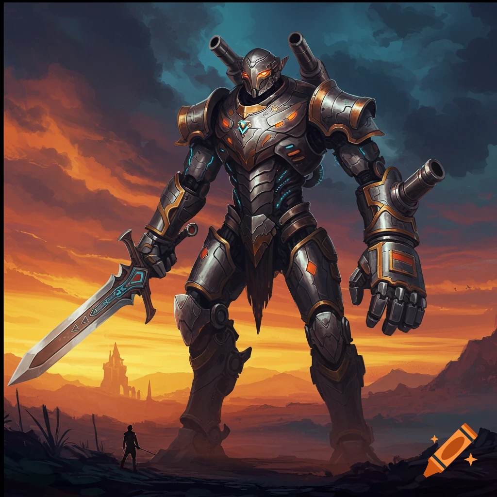 Giant fantasy mech with a sword stands over a small human in a dramatic sunset landscape.