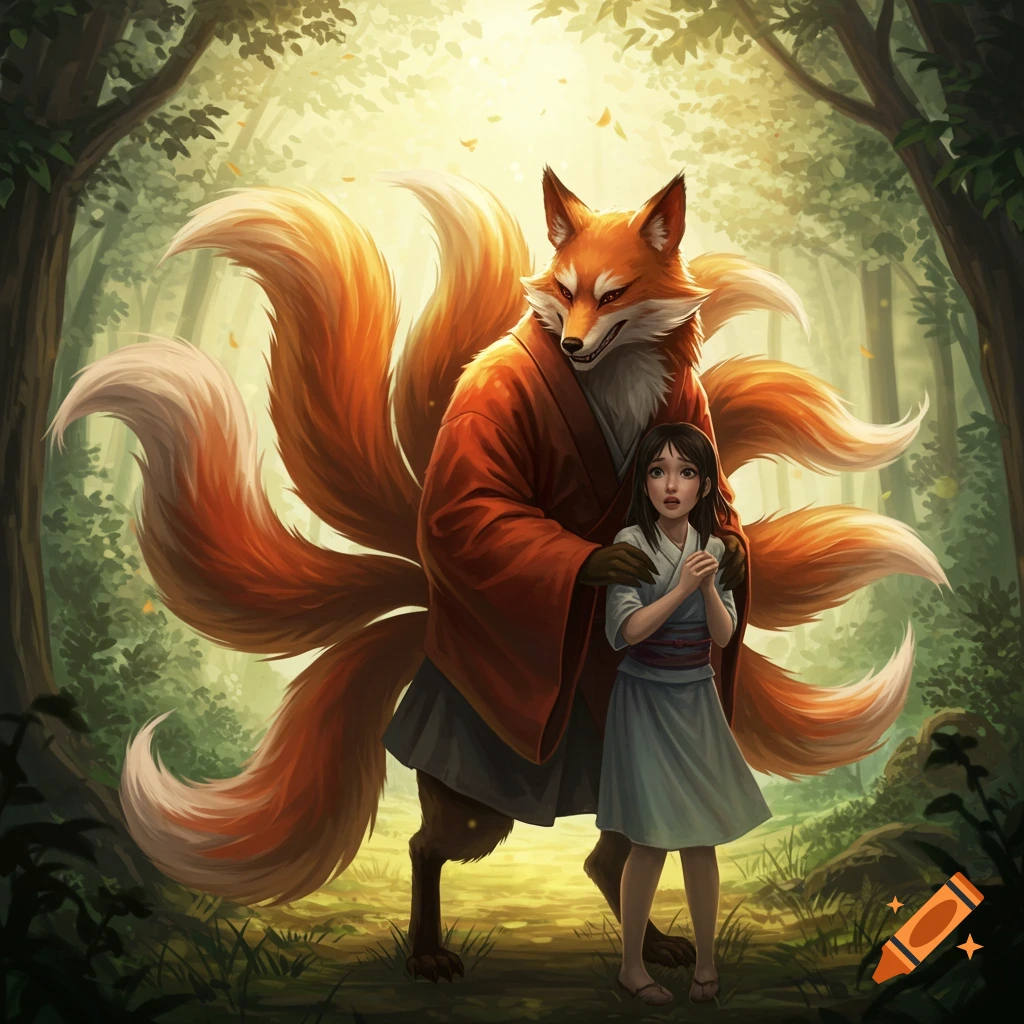 A large Kitsune creature stands with a young woman in a forest clearing. Fantasy art style.