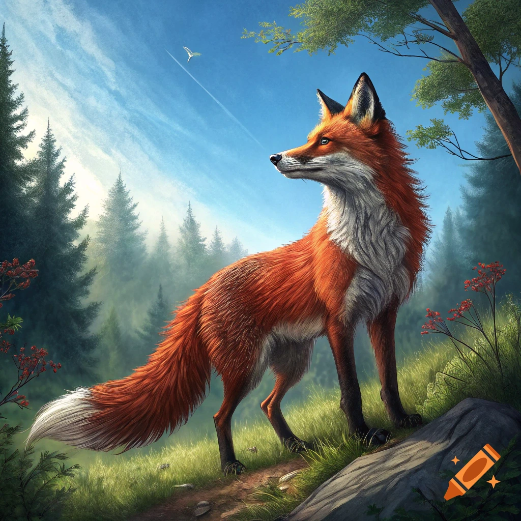 An orange and white fox stands on a hill in a sunny forest.