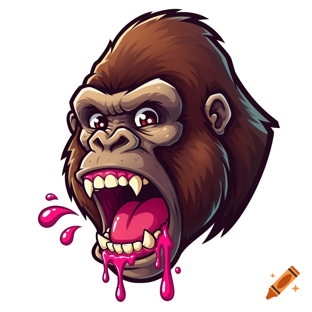 Stylized logo of an angry gorilla head with dripping pink slobber.