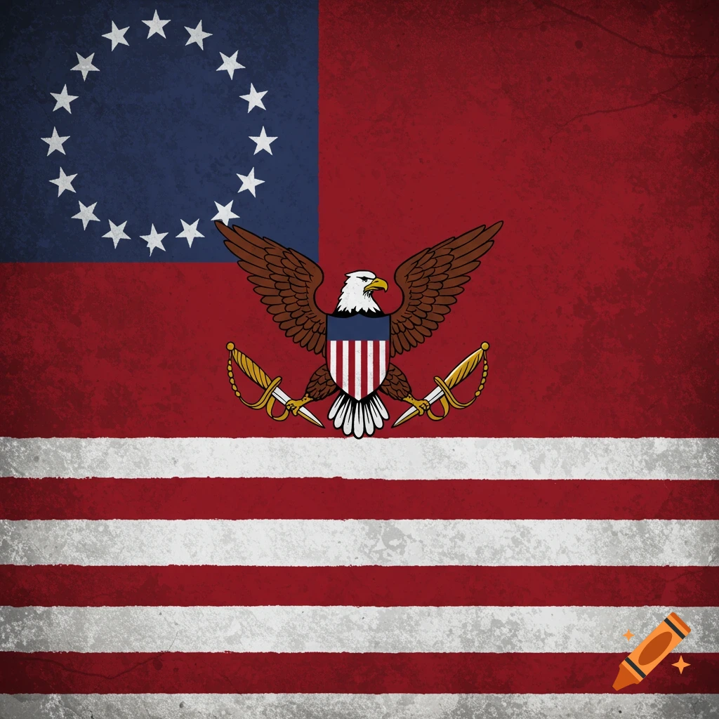 Stylized red flag with blue square of stars, an eagle and swords, and red and white stripes