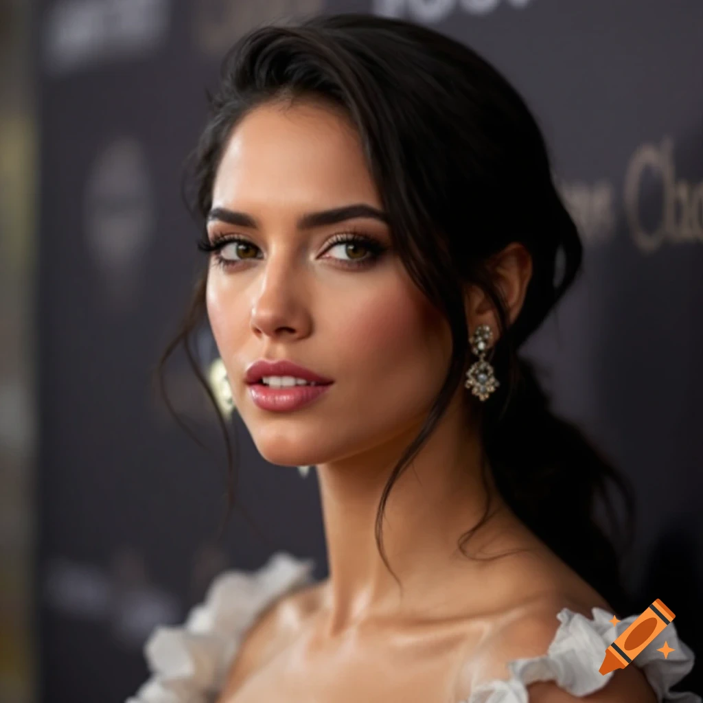 Close-up photorealistic portrait of a woman on an event background.