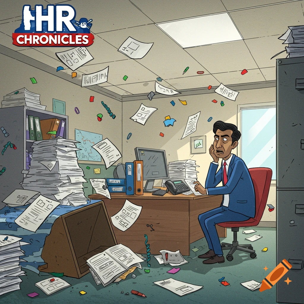 A cartoon shows a stressed HR person sitting at a desk in a chaotic office overwhelmed with flying papers.