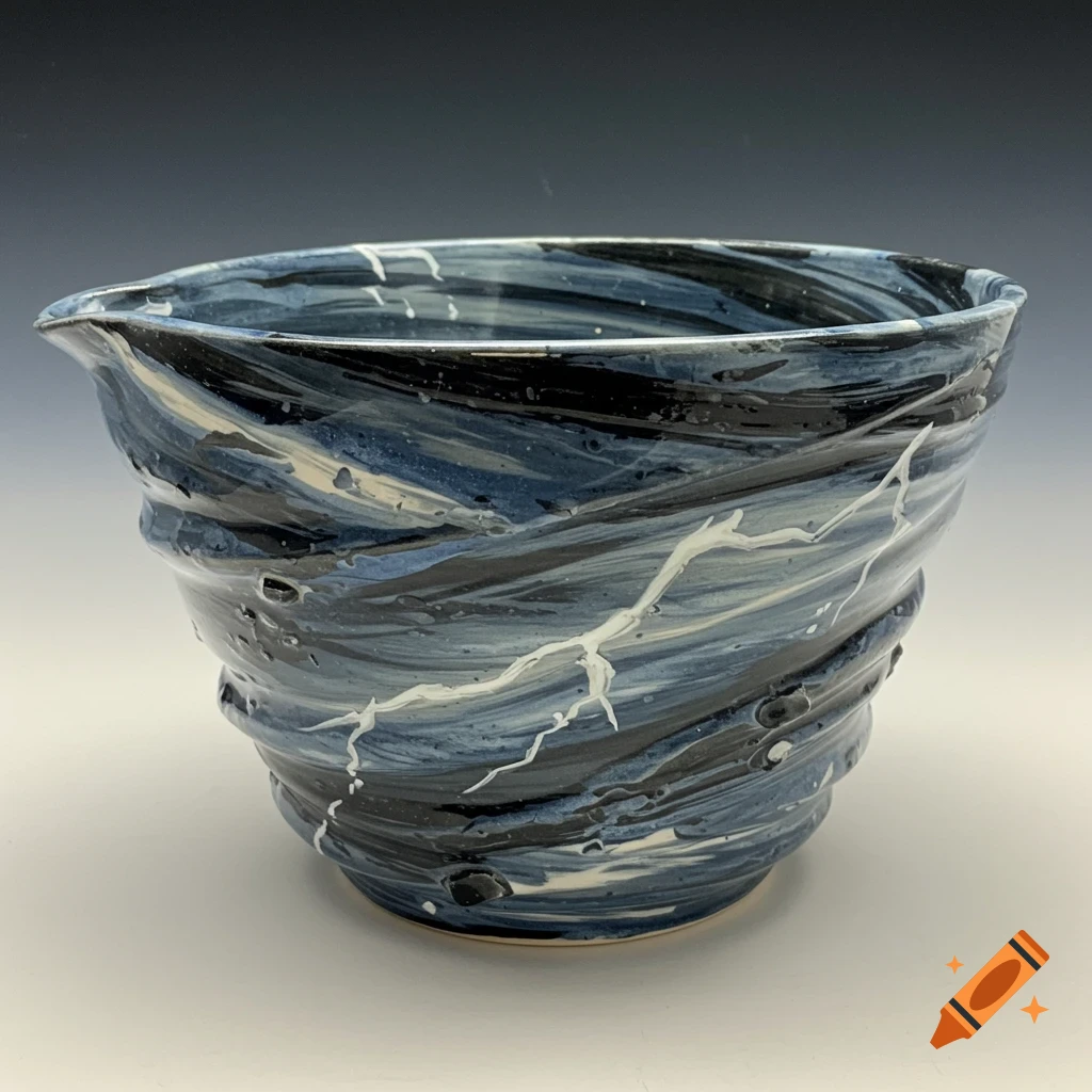 A ceramic mixing bowl with a swirling blue, black, and white glaze.