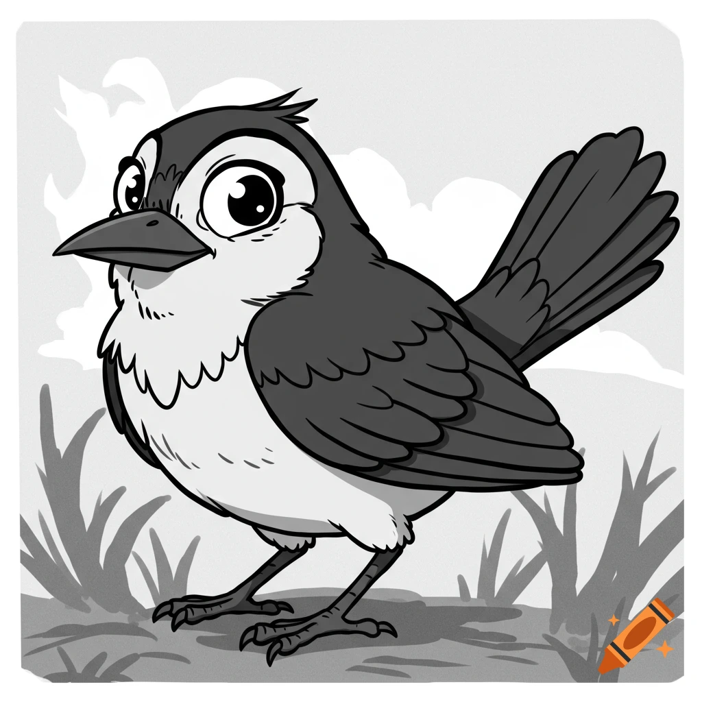 Black and white cartoon bird in grass