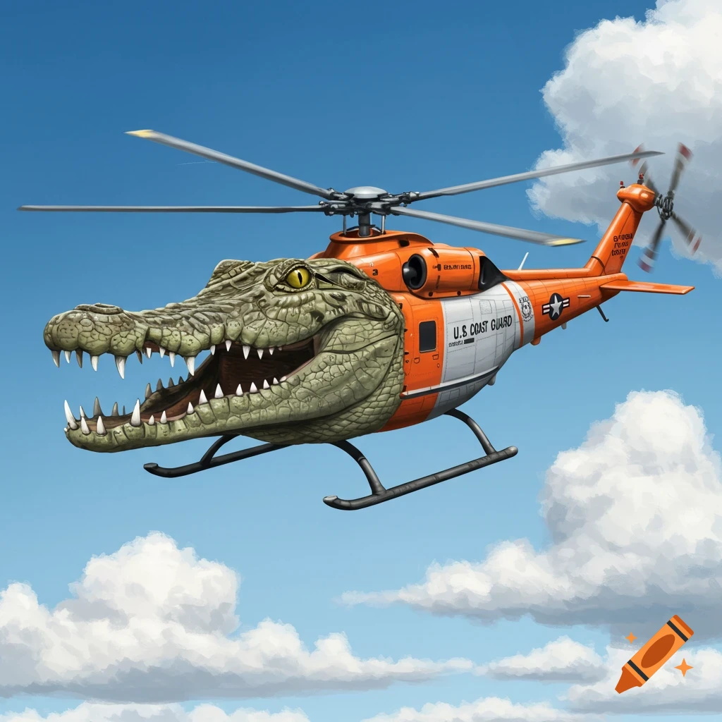 Orange and white US Coast Guard Jayhawk helicopter with a crocodile head cockpit.