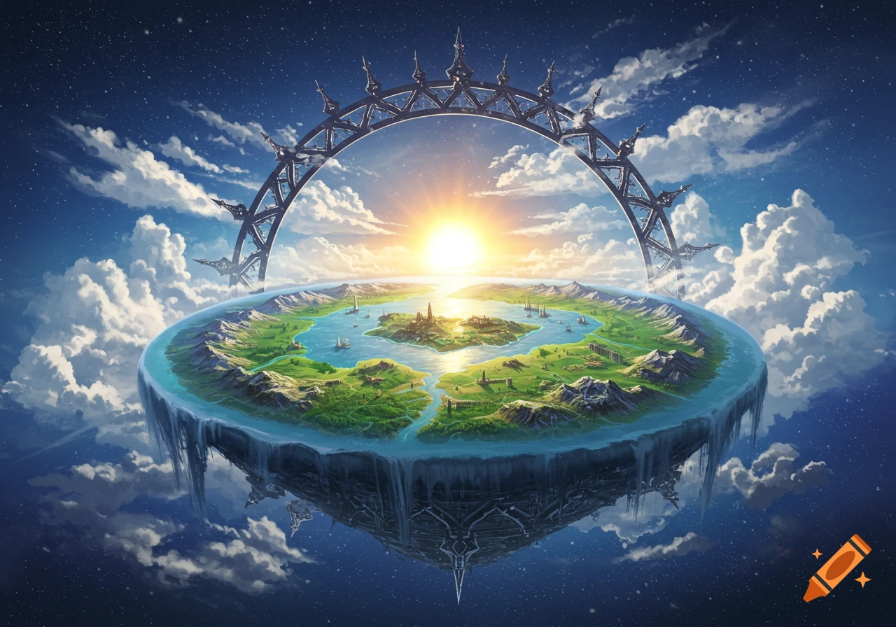 A flat, green island with buildings and water floats in the sky under a large metal arch, surrounded by clouds and stars.