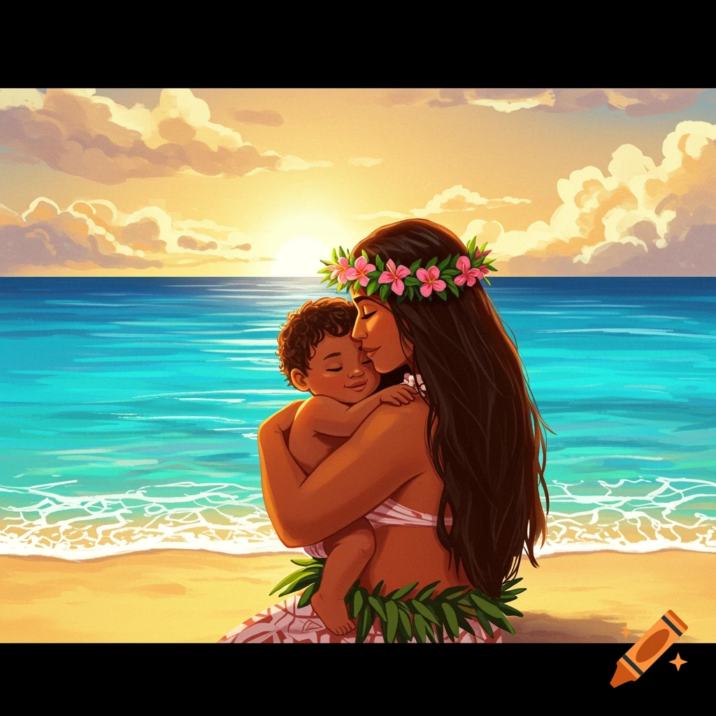A Polynesian mother holds her son on a beach at sunset. Illustration.