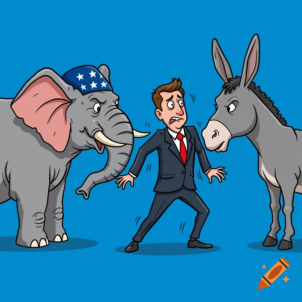 American man between republican elephant and democratic donkey clipart