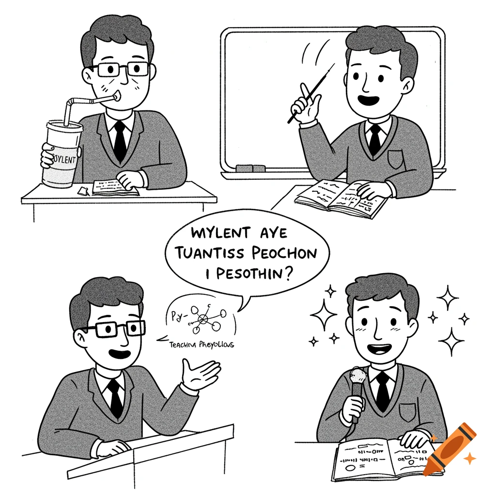 Black and white doodles of a math teacher in various situations: drinking soylent, teaching pre-calculus and quantum physics, giving a speech, gossiping with students.
