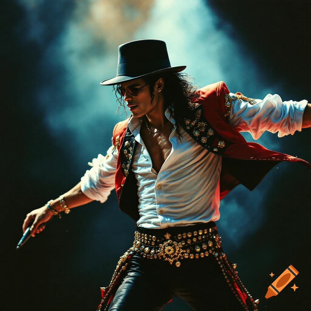 A person resembling Michael Jackson performs on stage, wearing a red vest and black hat, holding a microphone.