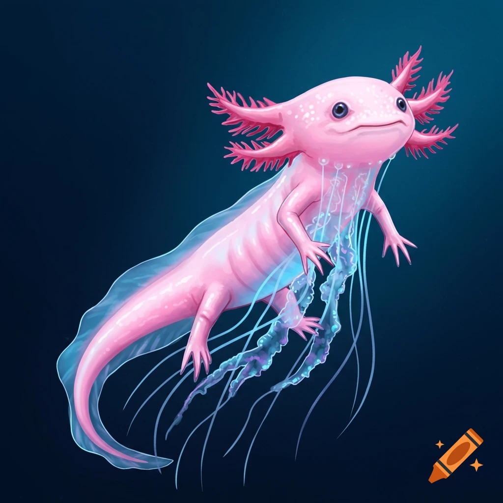 An illustration of a pink axolotl-like creature with jellyfish tentacles floating.