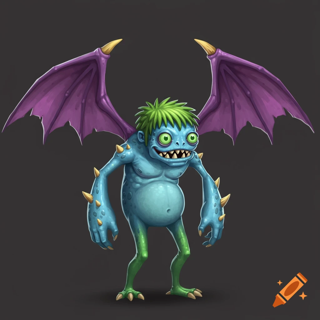 A blue cartoon monster with green hair and legs, purple wings, and yellow spikes stands against a dark background.