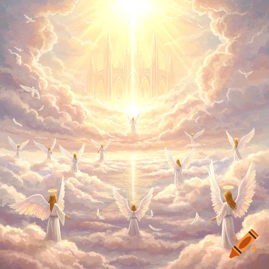 Angels ascend through golden clouds towards a luminous heavenly city