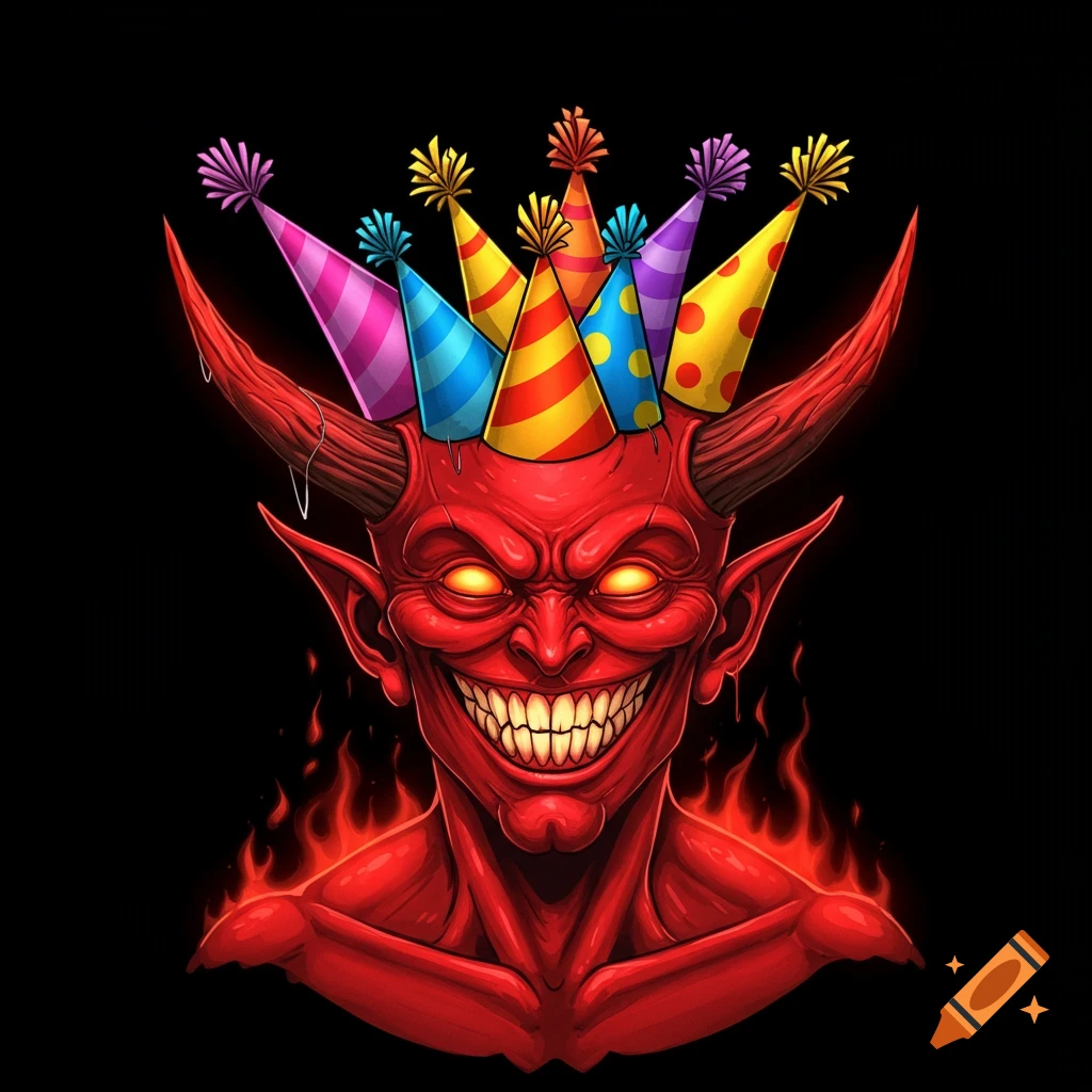Red demon bust wearing multiple colorful party hats with fire at the bottom, stylized illustration.