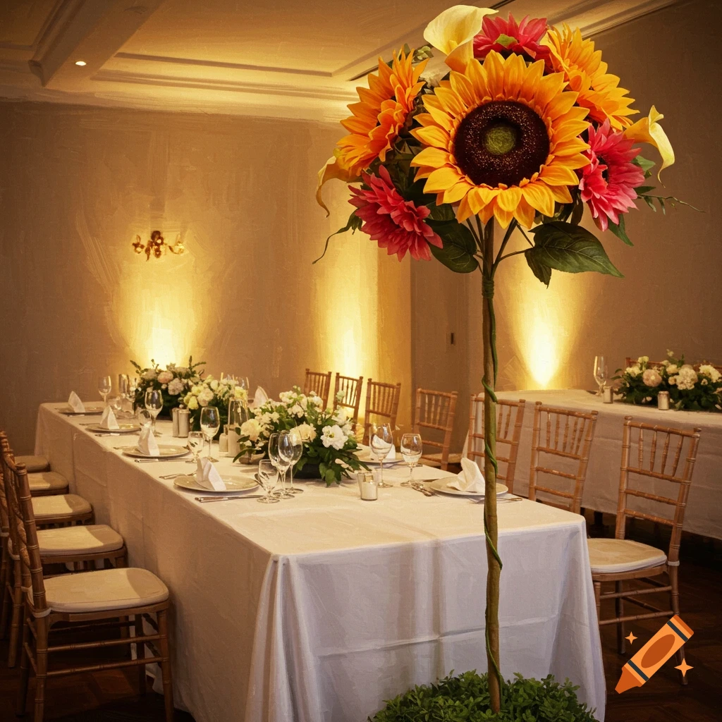 Decorated table set for a formal event with large sunflower arrangement
