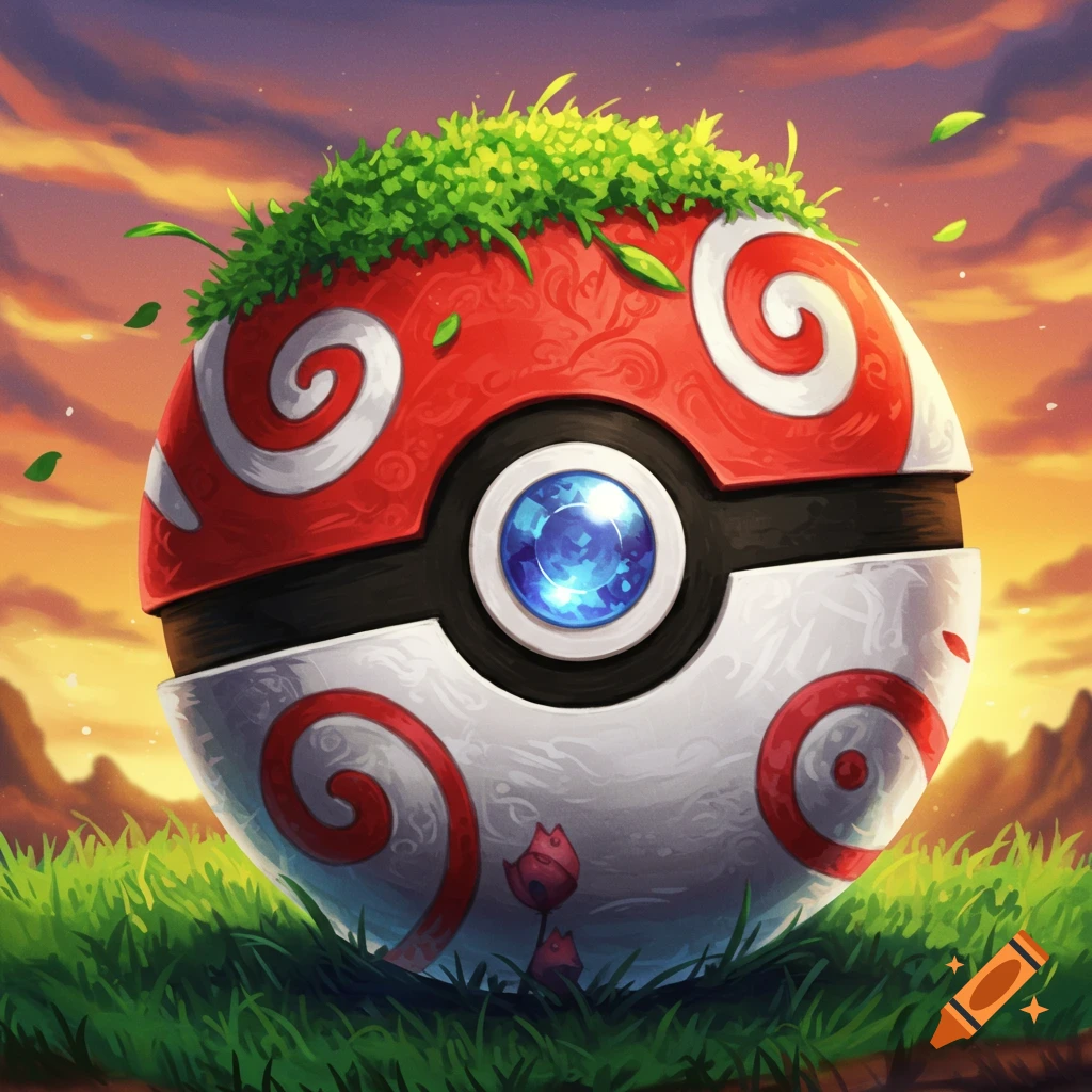 A stylized Pokeball with grass on top and a blue gem, sitting in grass at sunset with mountains.