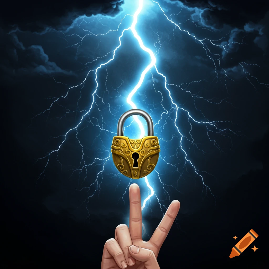 A hand making a peace sign holds a golden lock under a lightning bolt in a dark sky.