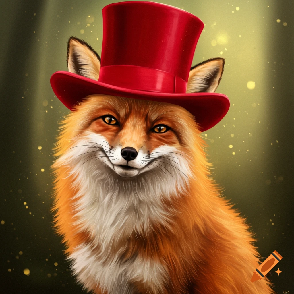 An illustration of a fox wearing a red top hat.
