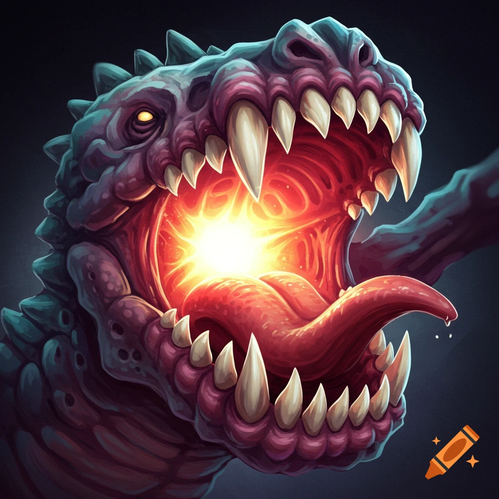 Close-up of a monster's head with sharp teeth and a bright light glowing from inside its open mouth.